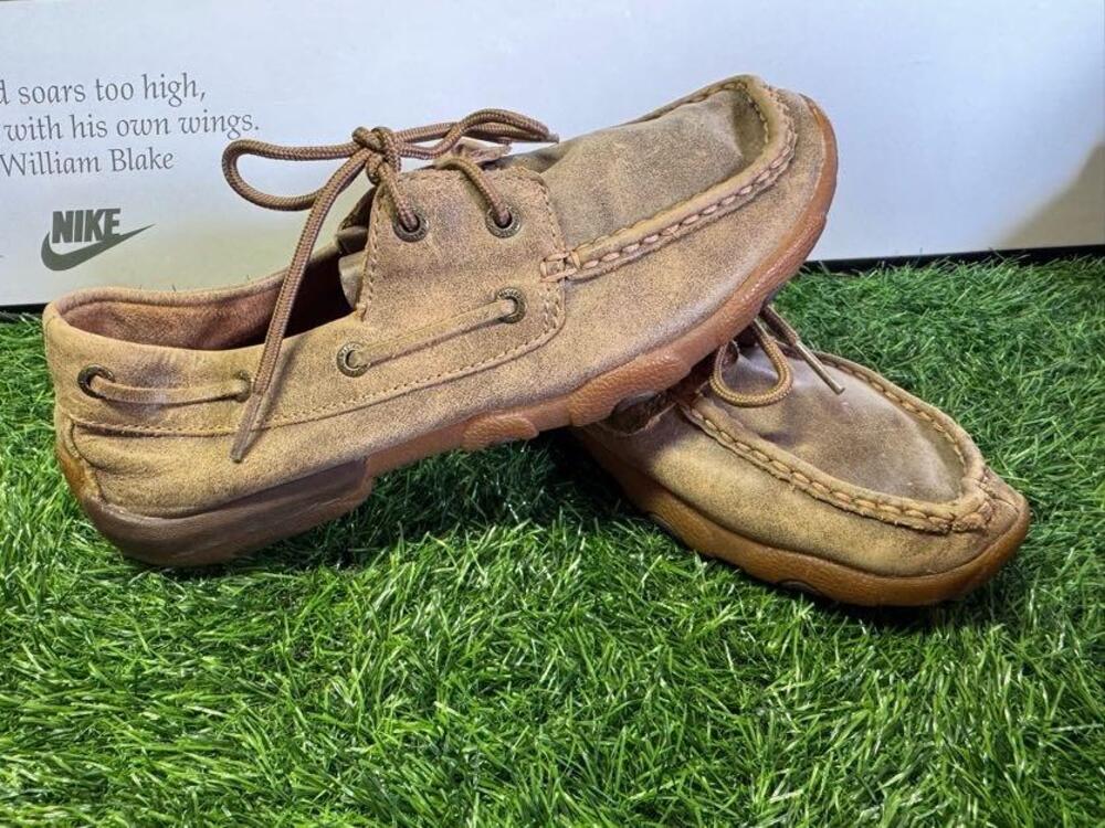 Twisted X Shoes Mens 7.5 Brown Leather Boat Square Toe Slip Resistant WDM0003